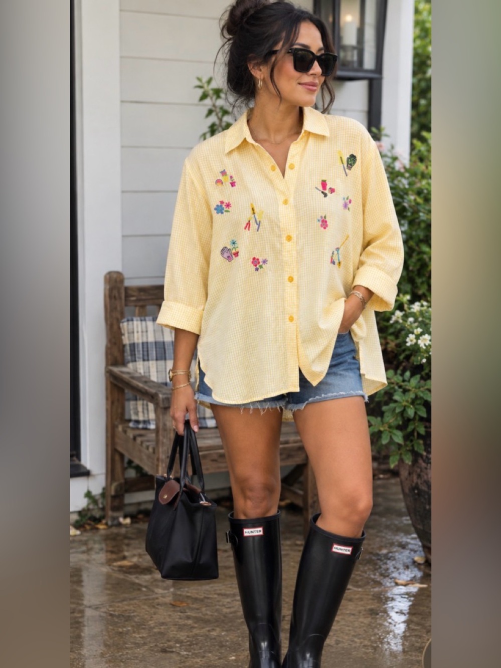 Breckenridge Light Yellow Embroidered Gingham Button-Down Shirt Size L